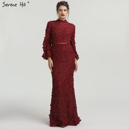 Flowers Pearls Long Sleeves Mermaid Evening Dresses Muslim Fashion Elegant Formal Dress 2020 Serene Hill Plus Size LJ201119