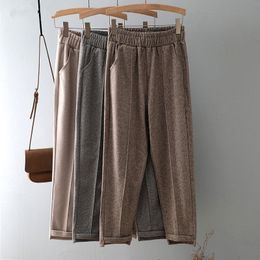 Autumn Winter Harem Pants Casual Woolen Loose Thick Elastic Straight Trousers Women Spring High Waist Korean Pant Plus Size 201228