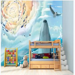 Creative Watercolour ocean whale background wall children's room background wall TV wall blue wallpapers window mural wallpaper