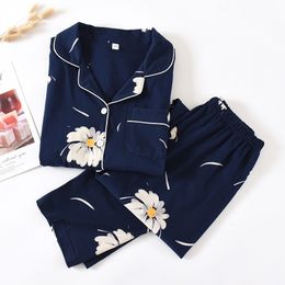Daisy Print 100% Cotton Pyjamas Women Long Sleeve Homewear Suit Spring Autumn Two Piece Set Sleepwear Female Home Clothes 201113