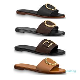 2022 leather women lady girl outsole Summer gold-tone Circle buckle accessory Lock It flat mule Slides Slipper Thong Sandal Shoes