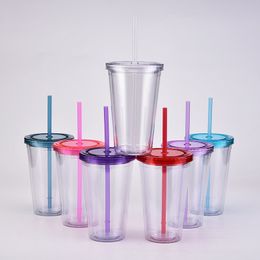 16oz Clear Plastic Tumblers Acrylic Water Bottles with Straw Double Walled Office Coffee Mugs Transparent Drinking Bottles 12 Colors