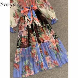 Svoryxiu Fashion Designer Autumn Female Bohemian Vacation Long Dresses Women Multicolor Floral Print Bow Belt Shirt Dress 201204