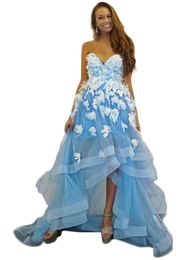 Sky Blue Evening Dresses Lace Floral Sweet Heart Prom Gown Custom Made Hi Lo Party Dresses