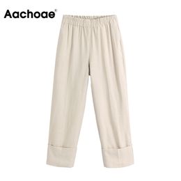 Aachoae Fashion Women Casual Long Pants Solid High Waist Pleated Wide Leg Pants Office Wear Pockets Ladies Cuff Trousers 201031