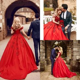 2021 Red Satin Wedding Dresses Empire Waist Applique Beads Off The Shoulder With Short Sleeve A-line Formal Dress For Women Bridal Gowns