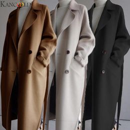 KANCOOLD Vinter Kvinnor Jackor Solid Färg Oversize Lapel Cashmere Ullblandning Bälte Double-Breasted Long Coat Outwear Jacket