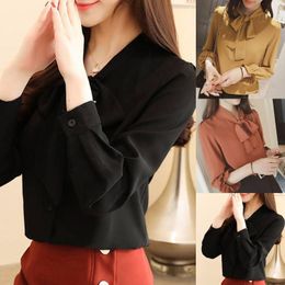 Women's Blouses & Shirts Women Fashion Solid Color Long Chiffon Puff Sleeve Blouse Buttons Necktie Bowknot Office Shirt