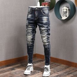 Fashion Streetwear Men Jeans Slim Fit Elastic Destroyed Ripped Denim Trousers Painted Spliced Designer Hip Hop Punk Biker Pants 220311