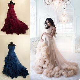 Fashion Maternity Dress for Poshoot or Babyshower Sweetheart Puffy Ruffled Tulle Long Prom Dresses Plus Size Draped Po Prop 244Y