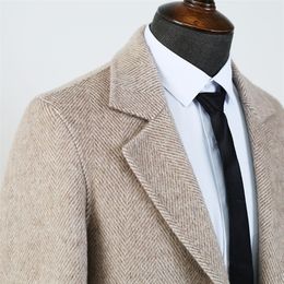 Double woolen Warm Medium length coat for man Notched Collar Men's Winter French Business jacket Blue and Khaki Stripe Wool coat 201223