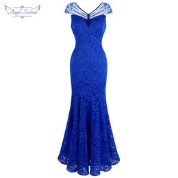 Angel-fashions Women's Cap Sleeve Beading Lace Evening Dresses Long Mermaid Wedding Party Gown Blue 482 LJ201123