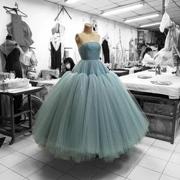 Blue Ball Gown Prom Dresses Draped Tulle Short Party Gowns Ankle Length Formal Evening Gowns Vestidos De Festa