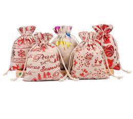 Hotsell 2020 Mini Christmas Santa Sack with Drawstring 12 Patterns candy bags Cotton Gift Presents Bags