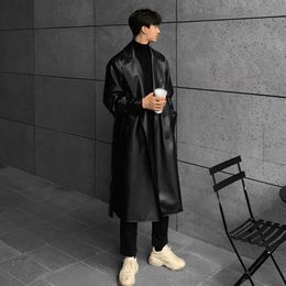 Men Vintage Long Black Leather Trench Jacket Double Breasted Overcoat Male Streetwear Hip Hop Punk Faux Fur Windbreaker Coat C1120