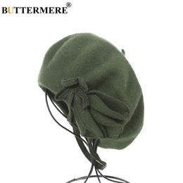 BUTTERMERE Wool French Beret For Women Green Elegant Painters Hats Ladies Solid Bowknot Female Beret Autumn Winter Artist Cap Y200102