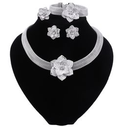 African Dubai Fashion Jewellery Sets Bride Necklace Flower Shape Crystal Earring Ring Charm Women Bracelet for Women