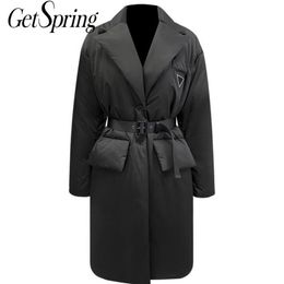 Getspring Women Parka Womens Winter Coats Bandage Vintage Long Parka Down Jacket Woman Black Winter Overcoat New Fashion 201217