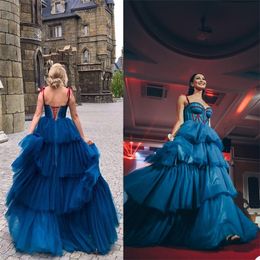 Fashion Design Evening Dresses Tiered Tulle Spaghetti Strap Lace Up Prom Dresses Custom Made Sleeveless Formal Party Gowns