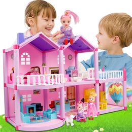 Kids DIY Family Doll House Accessories Toy With Miniature Furniture Garage Assemble Casa Doll House Toys For Girls Birthday Gift 201217