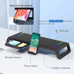 Monitor Stand for Desk RGB Gaming Lights with 4 USB 2.0, Foldable Computer Screen Riser with Storage Drawer and Phone Holder, Desk Organizer Laptop Stands Shelf