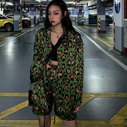 Korobov Harajuku High Street Leopard Pattern Women Blouse and Shorts Two Piece Set Korean Green Female Tracksuits 78745 T200702
