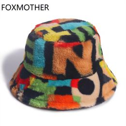 FOXMOTHER New Outdoor Multicolor Rainbow Faux Fur Letter Pattern Bucket Hats Women Winter Soft Warm Gorros Mujer