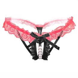 Lace Pearl T Back G-Strings bow knot Open Crotch Panties Thongs Women Underwear G Strings Sexy Lingerie under panty will and sandy