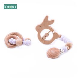 Bopoobo 3pcs/set Food Grade Wooden Animal Teether Pacifier Chain Baby Rattle Soother Bracelet Baby Cart Accessories Teether Set LJ201113