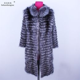 Linhaoshengyue 90cm long real Silver fox red fox nature fur coat Wool knit liner,stylish stand collar 201212