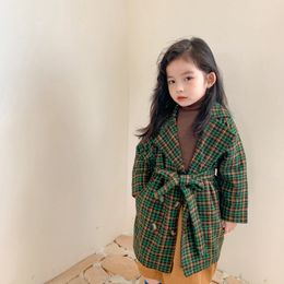 Autumn and Winter New Arrival Korean style cotton thickened Double Breasted Plaid Tweed long Coat with belt for fashion girls LJ201125