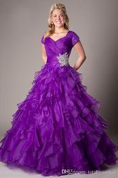 Purple Ball Gown Modest Prom Dresses With Cap Sleeves Long Corset Back Pleated Ruffles Organza Modest Teens Formal Party Prom Dresses Gowns