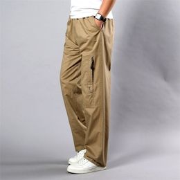 Summer Men's Khaki Pants Large Size Straight Fit Big Sizes 5XL Side Pockets Wide Leg Cotton Black Cargo Work Trousers Male 220311