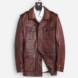 Genuine Leather Blazer jacket Mens Autumn Casual Jackets And Coats Windbreaker Multi Pockets Outerwear Overcoat Tops Plus Size Brown Black