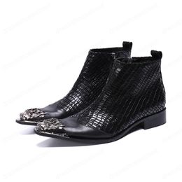 New Fashion Metal Pointed Toe Men Motorcycle Short Boots Black Snake Pattern Business Genuine Leather Male Boots