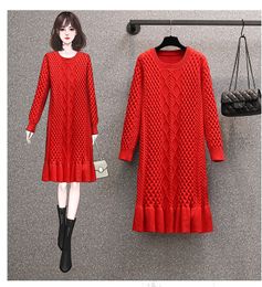 2021 A Line Autumn Winter Elegant Red Knitted Sweater Dress Vintage Women long Sleeve O-Neck Dress Sweet Ruffles Mermaid Dress Robe