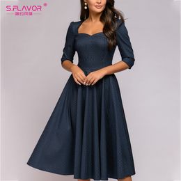 S.FLAVOR Dot Print A-Line Midi Dress Autumn Square Neck Backless Holiday Beach Casual Dresses Elegant Winter A-line Vestidos De 201030