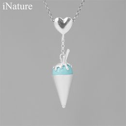 INATURE 925 Sterling Silver Blue Pink Turquoise Ice Cream Pendant Necklace Women Heart Choker Necklaces Jewellery Q0531
