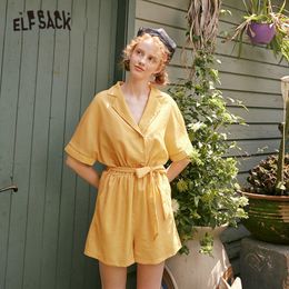 ELFSACK Yellow Solid Lace Up Casual Chiffon Jumpsuits Women 2020 Summer ELF Black Chic Button Korean Ladies Daily Safari Romper T200704