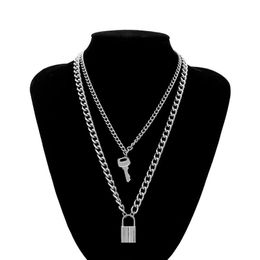 2020 Women Jewellery Silver Colour PadLock Key Pendant Necklace Multilayer Stainless Steel Rolo Cable Chain Necklace Lovers Gifts