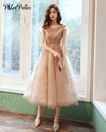 Champagne Long Evening Dresses 2020 Luxuruy Appliques Tea-length Women Birthday Party Dresses Glitter Tulle Gowns For Prom LJ201120