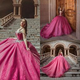 Crystal Beaded Off Shoulder Sweet 16 Quinceanera Dresses 2021 Ball Gown Princess Puff Organza Masquerade Vestidos Prom Party Dress AL8414