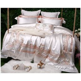 White Silk Cotton Luxury Bedding Set Queen King size Bed set Egyptian Cotton Bed/Fitted sheet Duvet Cover Bed set parure de lit T200706