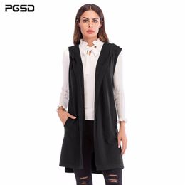 PGSD New Simple Fashion Pure Coloured Women Clothes Medium-long sleeveless knitted waistcoat Hooded Cardigan Sweater coat female 201211