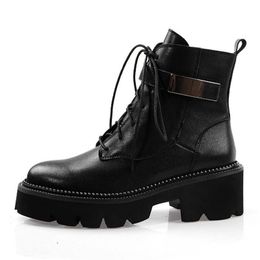 Hot Sale Women Genuine Leather Ankle Boots Women Thick Sole Zipper Round Toe Shoes Cross Strap Leisure Winter Shoes Women Size 34-42