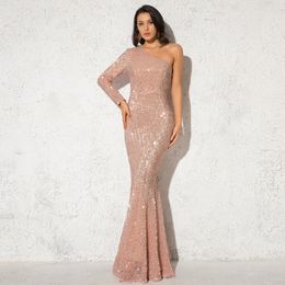 One Shoulder Luxury Stretchy Silver Sequin Night Gown Party Dress Bodycon Floor Length Backless Tight Female Mermaid Dress 201204
