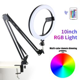 Photography 10 inch LED Selfie Ring Light With Desk Long Arm Phone Holder Dimmable RGB Ringlight Makeup Lamp For Video Selfie