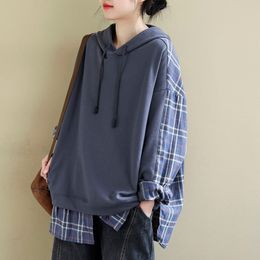 Spring Korea Fashion Patchwork Plaid Casual Women Hoodies Long Sleeve Loose Hoody Tops Ladies Hoodie Clothing Plus Size S806 201102