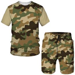 Summer Camo Men's Zipper T-shirt/Shorts/Suit Male Short Sleeved Military Camouflage Sportswear Set Unisex Casual 2 Pcs Tracksuit G220224