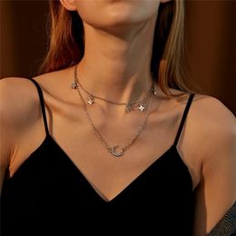 Simple Fashion Multilayer Women Moon Five Pointed Star Necklace for Women Crescent Double Clavicle Chain Choker Necklace Jewelry